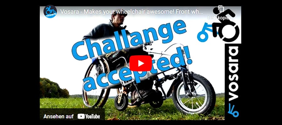 Das bild zeigt die Beschreibung zu einem VOSARA-Webevideo; zu sehen sind Dominik Herrmann im Rollstuhl mit dem Vorsatzrad und die Beschriftung challenge accepted